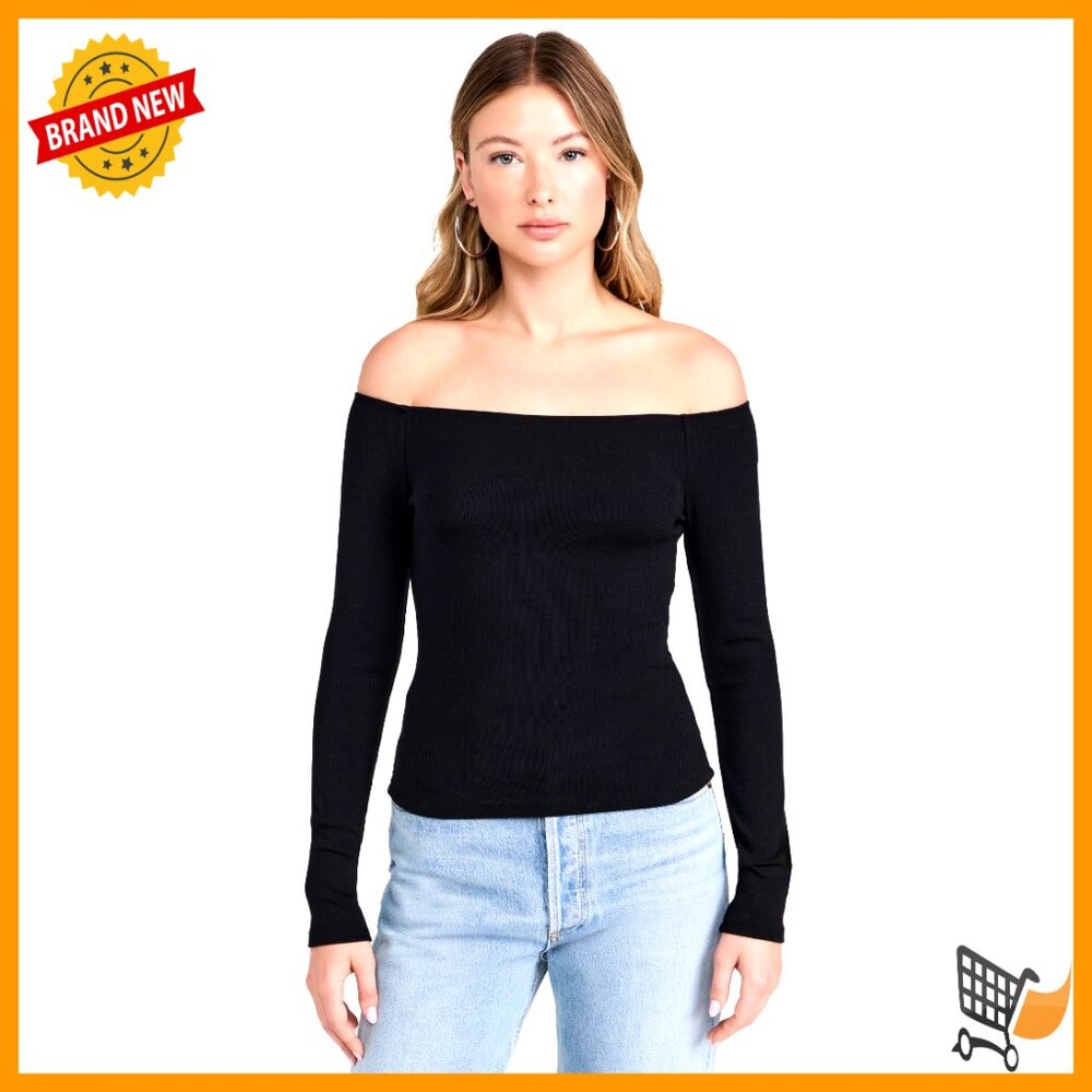 Slim Fit Long Sleeve Off-Shoulder Top Cotton Blend Ribbed Knit